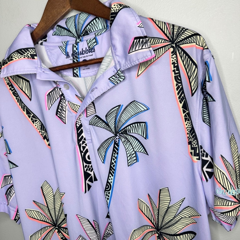 Chubbies Polo Shirt Mens L Purple Palm Tree Performance Golf Preppy Casual Adult